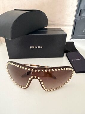 New Prada Brown Shield Sunglasses with Gold Studs SPR 73V